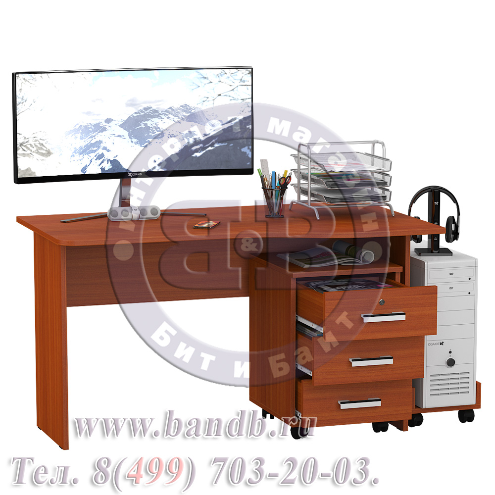 Письменный стол МД 1.04ТП с тумбочкой и подставкой под системный блок цвет вишня Картинка № 2