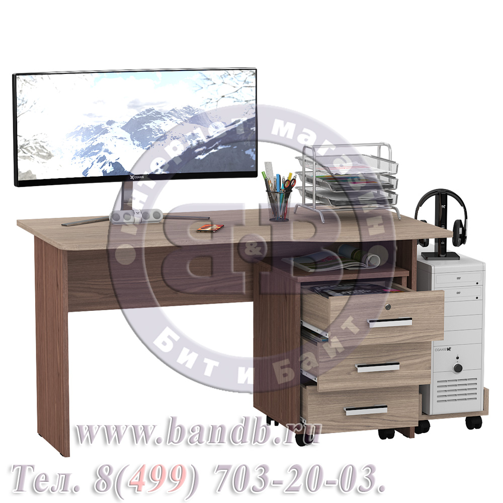 Письменный стол МД 1.04ТП с тумбочкой и подставкой под системный блок цвет ясень шимо светлый/ясень шимо тёмный Картинка № 2