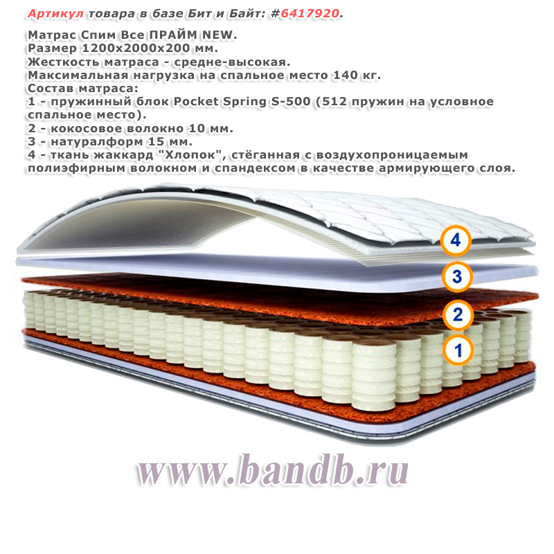 Матрас Спим Все ПРАЙМ NEW, блок независимых пружин Pocket spring 1200х2000 мм. Картинка № 1