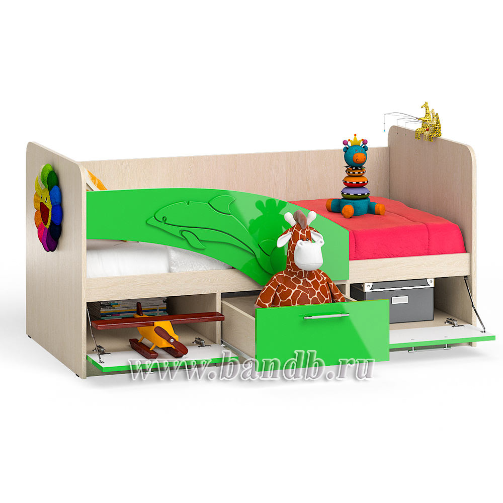 Кровать детская с ящиками Дельфин 1,6 левая цвет дуб атланта/зелёное яблоко глянец Картинка № 2