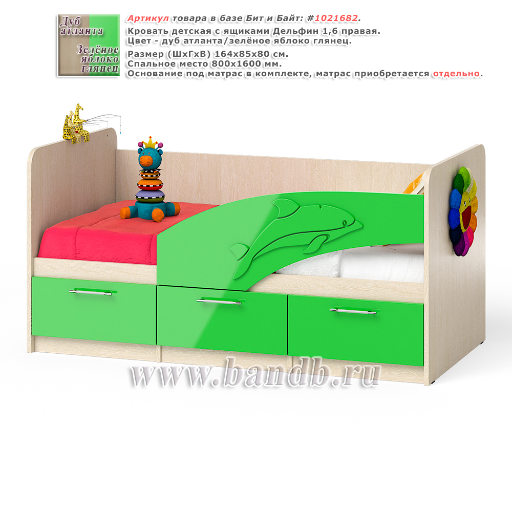 Кровать детская с ящиками Дельфин 1,6 правая цвет дуб атланта/зелёное яблоко глянец Картинка № 1