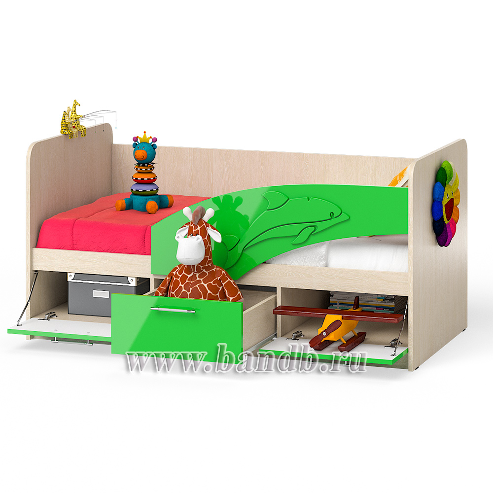 Кровать детская с ящиками Дельфин 1,6 правая цвет дуб атланта/зелёное яблоко глянец Картинка № 2