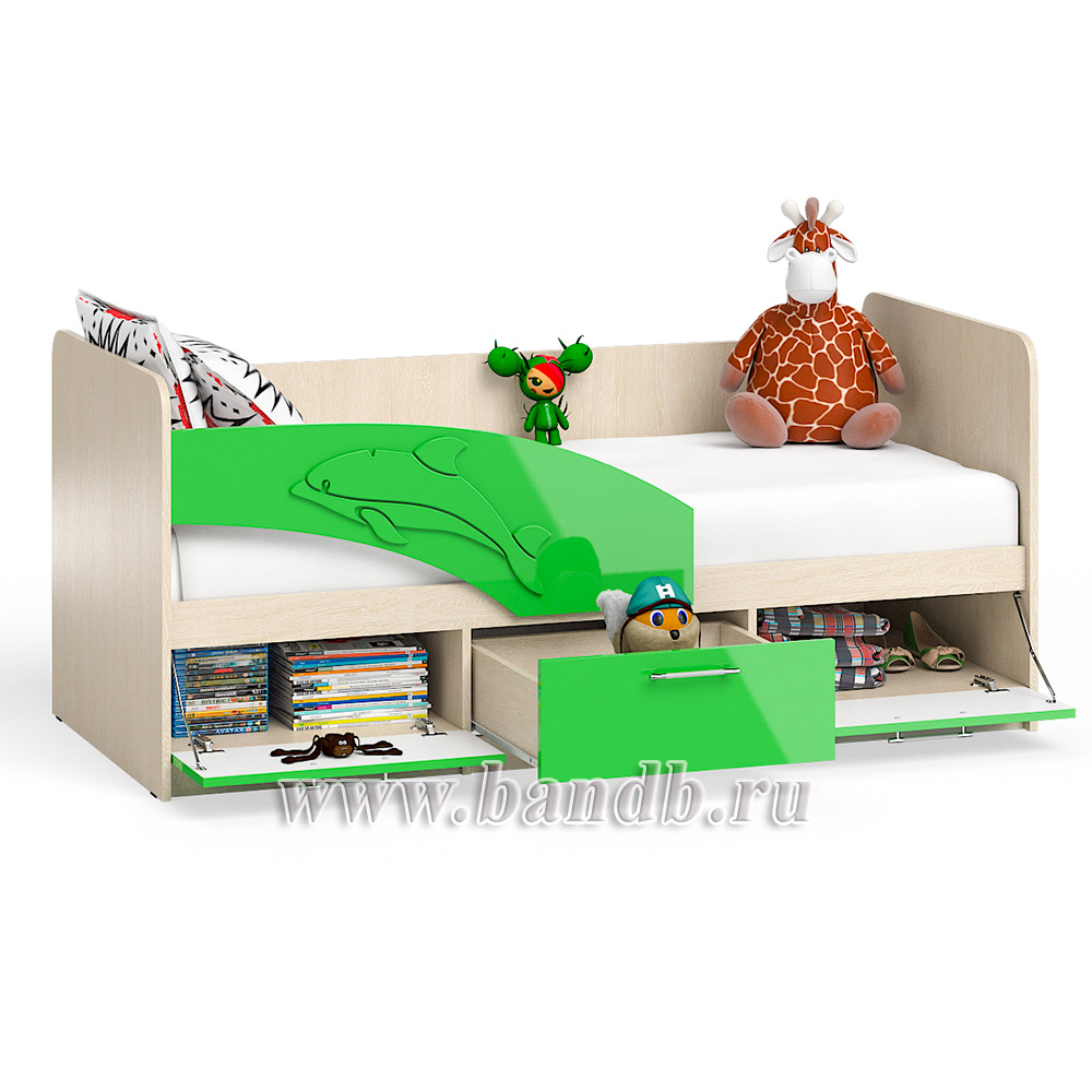 Кровать детская с ящиками Дельфин 1,8 левая цвет дуб атланта/зелёное яблоко глянец Картинка № 2