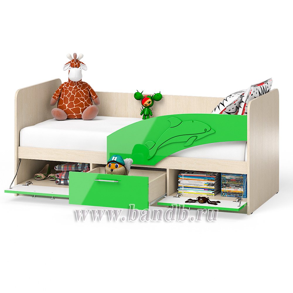 Кровать детская с ящиками Дельфин 1,8 правая цвет дуб атланта/зелёное яблоко глянец Картинка № 2