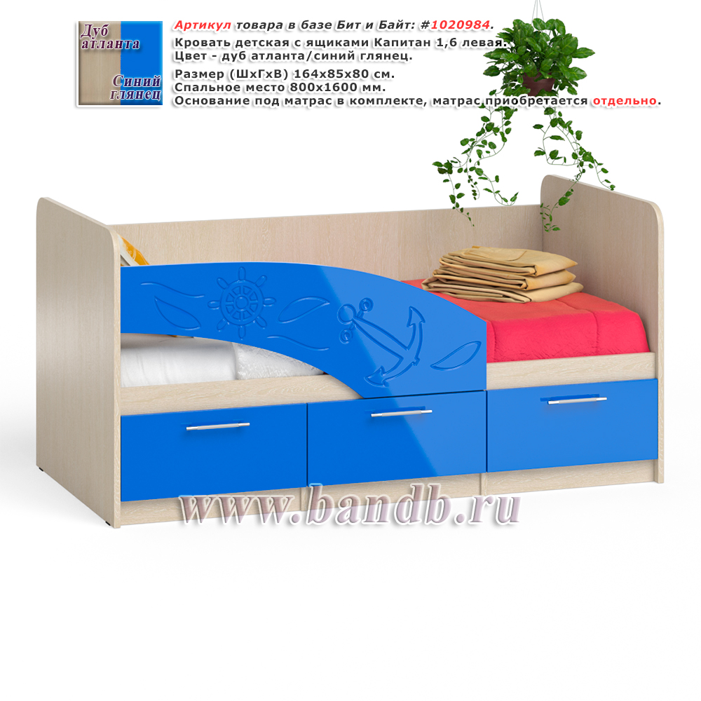 Кровать детская с ящиками Капитан 1,6 левая цвет дуб атланта/синий глянец Картинка № 1