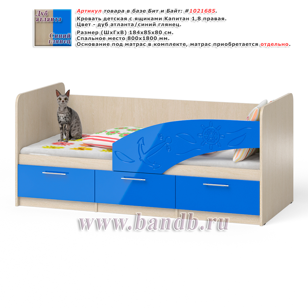 Кровать детская с ящиками Капитан 1,8 правая цвет дуб атланта/синий глянец Картинка № 1