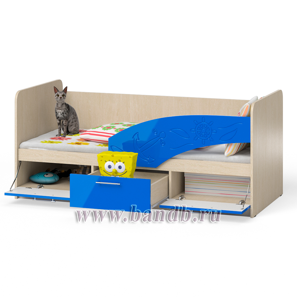 Кровать детская с ящиками Капитан 1,8 правая цвет дуб атланта/синий глянец Картинка № 2