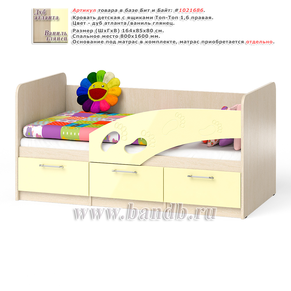 Кровать детская с ящиками Топ-Топ 1,6 правая цвет дуб атланта/ваниль глянец Картинка № 1
