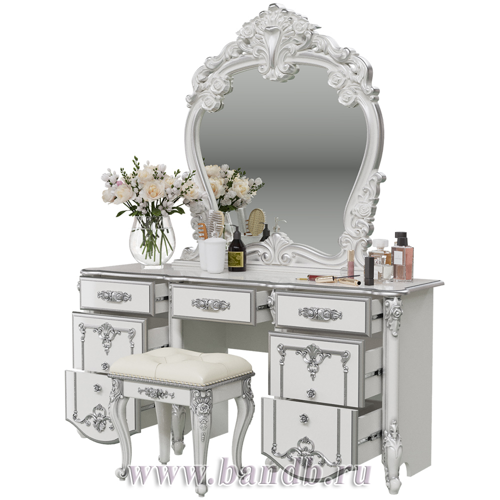 Стол туалетный с зеркалом и пуфом Дольче Вита, цвет белый глянец с серебром Картинка № 2