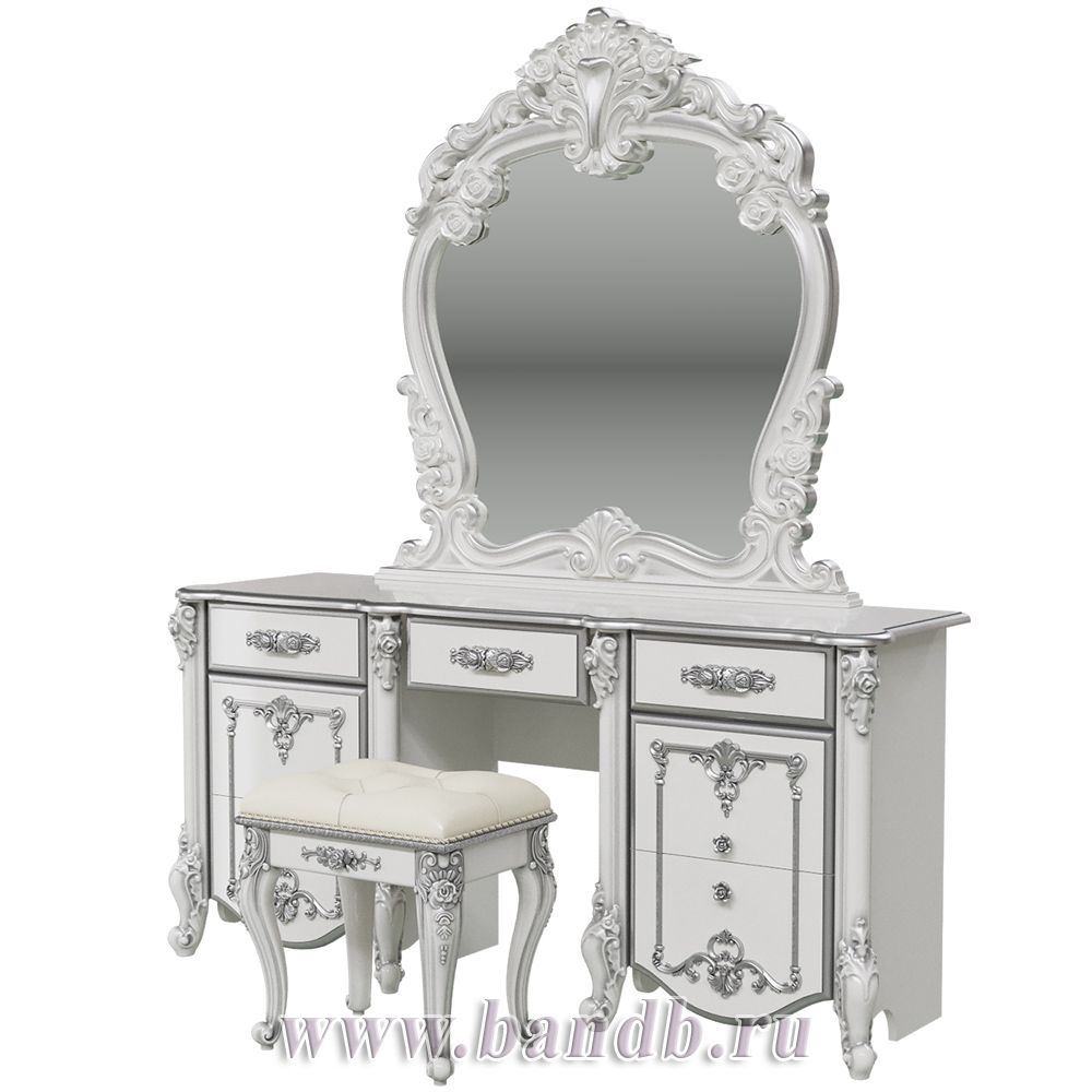 Стол туалетный с зеркалом и пуфом Дольче Вита, цвет белый глянец с серебром Картинка № 3