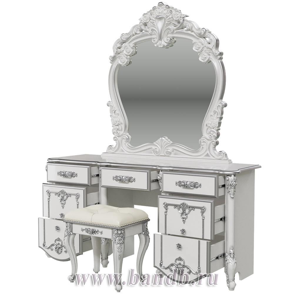 Стол туалетный с зеркалом и пуфом Дольче Вита, цвет белый глянец с серебром Картинка № 4