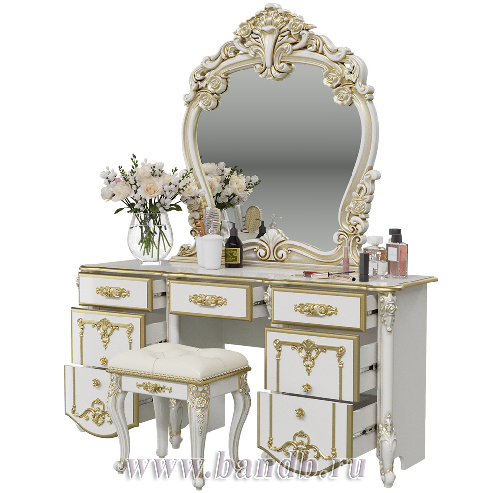 Стол туалетный с зеркалом и пуфом Дольче Вита, цвет белый глянец с золотом Картинка № 2