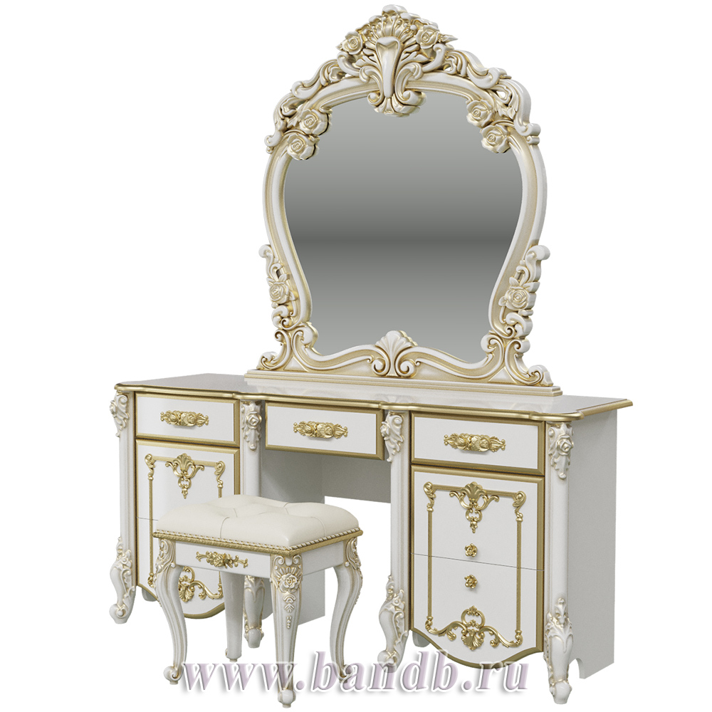 Стол туалетный с зеркалом и пуфом Дольче Вита, цвет белый глянец с золотом Картинка № 3