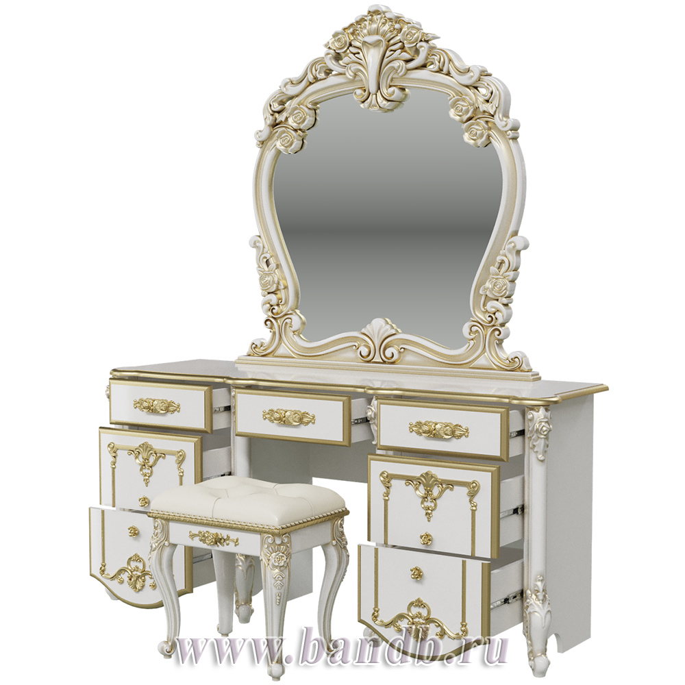Стол туалетный с зеркалом и пуфом Дольче Вита, цвет белый глянец с золотом Картинка № 4