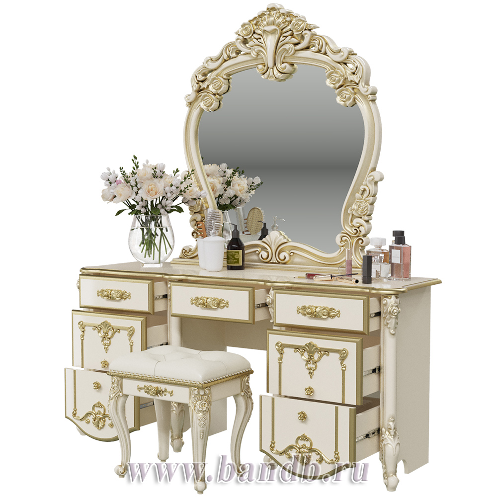 Стол туалетный с зеркалом и пуфом Дольче Вита, цвет слоновая кость/золото Картинка № 2