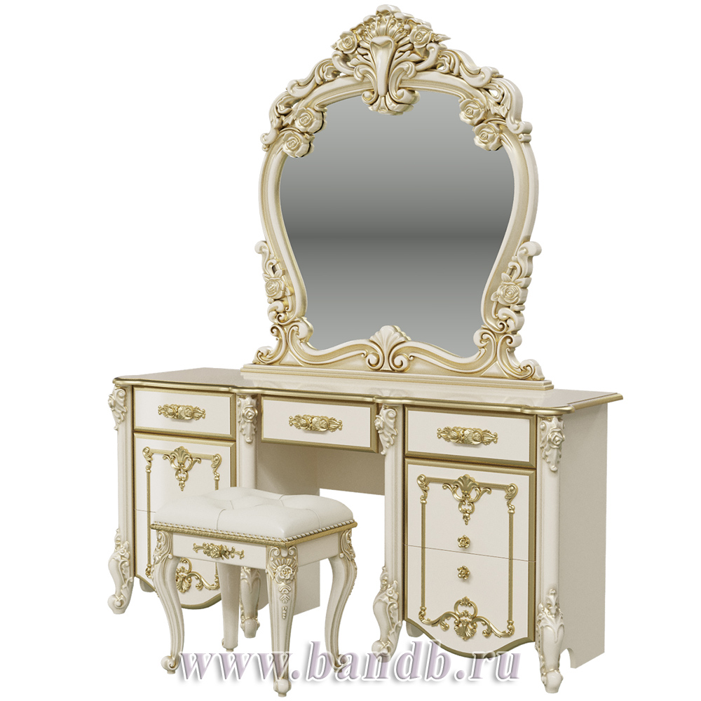 Стол туалетный с зеркалом и пуфом Дольче Вита, цвет слоновая кость/золото Картинка № 3