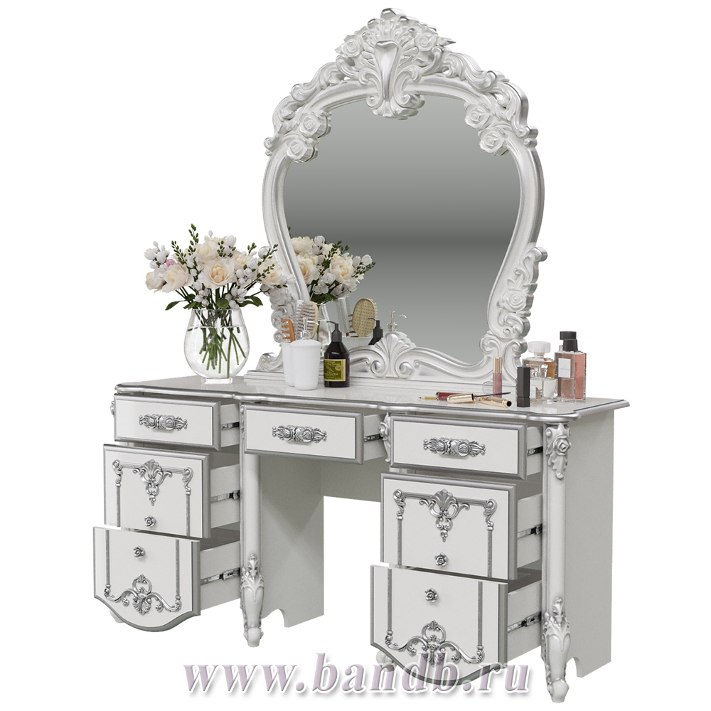 Стол туалетный с зеркалом Дольче Вита белый глянец с серебром распродажа премуим мебели Картинка № 2