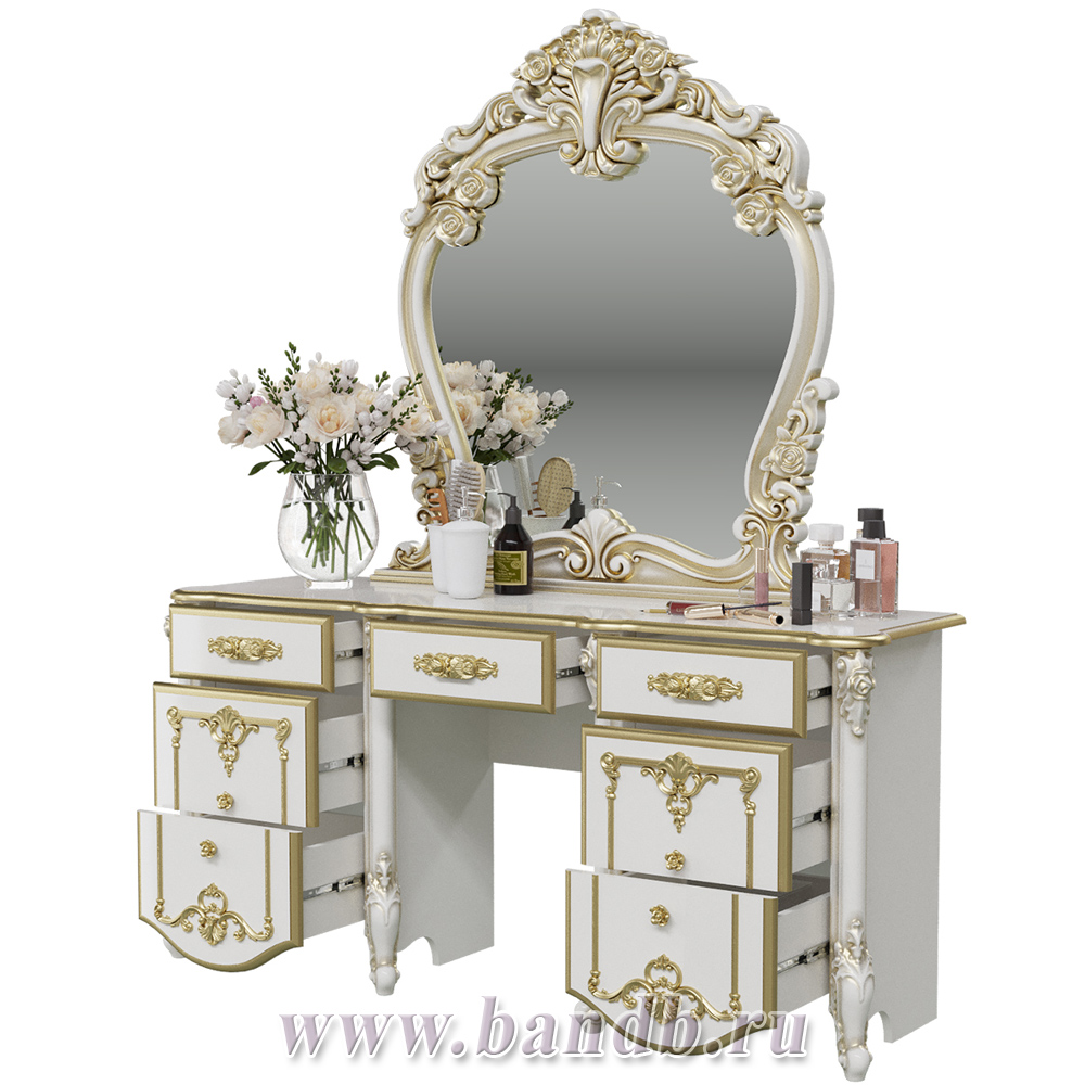 Столик туалетный с зеркалом Дольче Вита, цвет белый глянец с золотом Картинка № 2