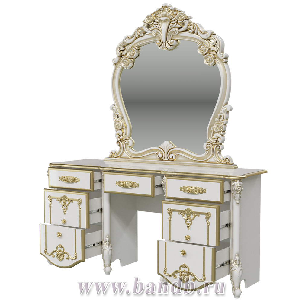 Столик туалетный с зеркалом Дольче Вита, цвет белый глянец с золотом Картинка № 4
