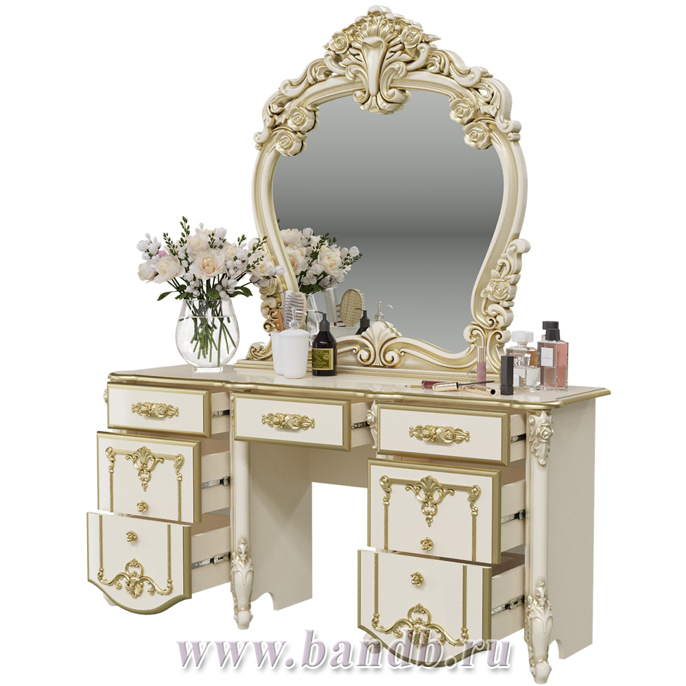Столик туалетный с зеркалом Дольче Вита, цвет слоновая кость/золото Картинка № 2