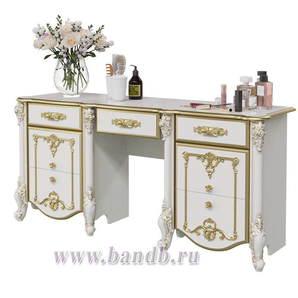 Стол туалетный с зеркалом и пуфом Дольче Вита, цвет белый глянец с золотом Картинка № 5