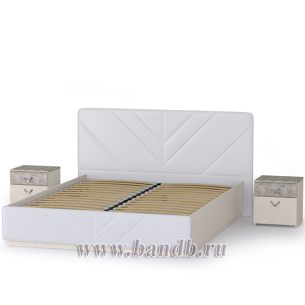 Кровать 1600 Амели Моби с основанием и тумбами цвет шёлковый камень/искусственная кожа белая Картинка № 2