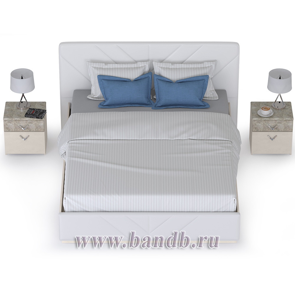 Кровать 1600 Амели Моби с основанием и тумбами цвет шёлковый камень/искусственная кожа белая Картинка № 3