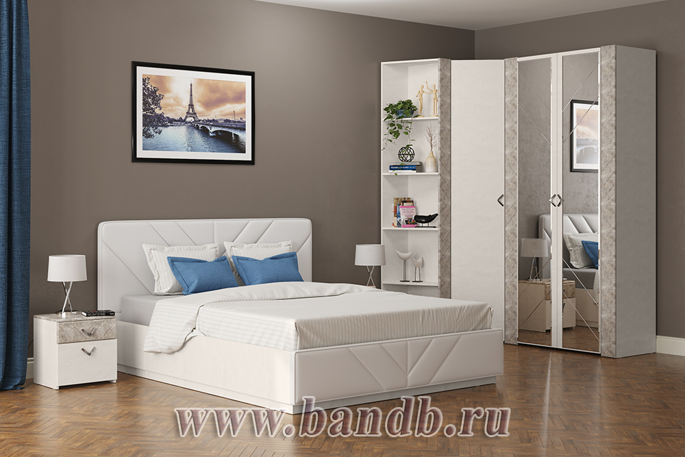 Кровать 1600 Амели Моби с подъёмным основанием и тумбочкой цвет шёлковый камень/искусственная кожа белая Картинка № 9