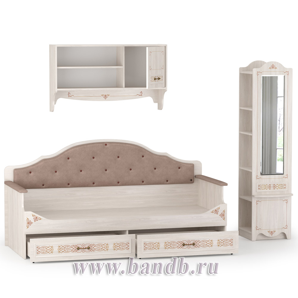 Кровать с ящиками с навесной полкой и пеналом с зеркалом Флоренция, цвет ясень анкор светлый Картинка № 4