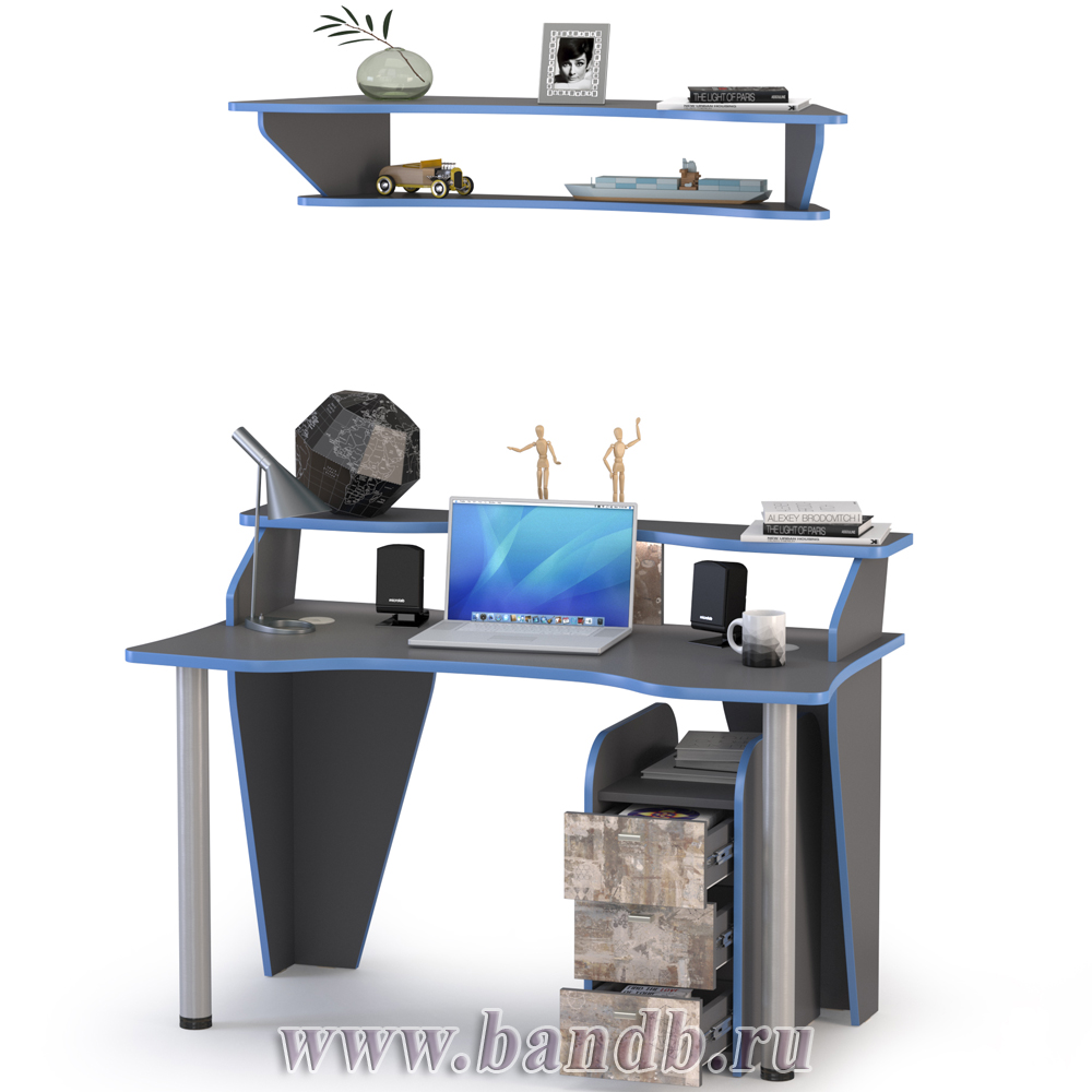 Компьютерный стол с тумбой и верхней полкой Индиго цвет тёмно серый/граффити Картинка № 2