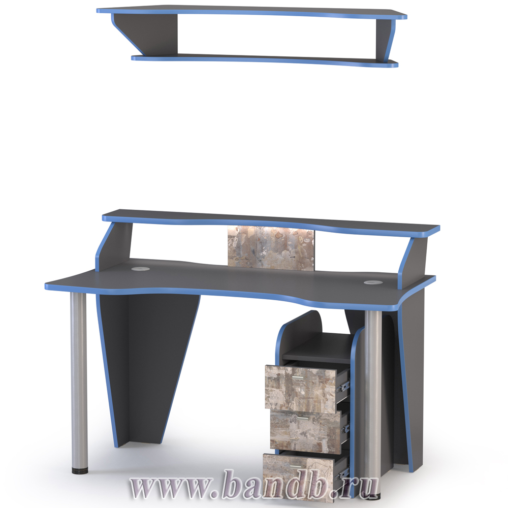 Компьютерный стол с тумбой и верхней полкой Индиго цвет тёмно серый/граффити Картинка № 4