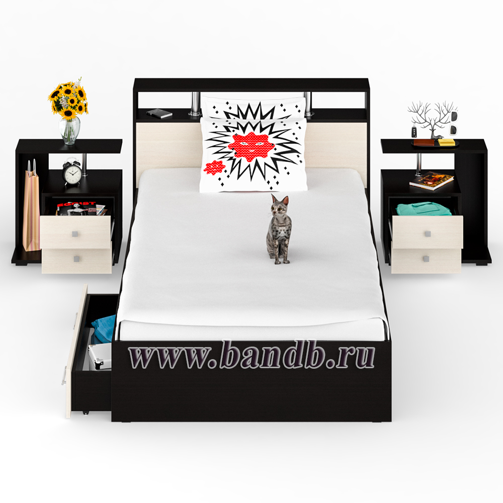 Кровать с ящиками 1200 Камелия + две тумбы цвет венге/дуб лоредо Картинка № 6