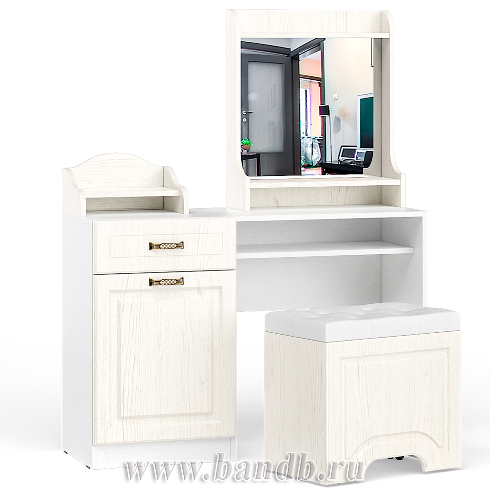 Стол туалетный с пуфом, с зеркалом и настольной полкой Ливерпуль цвет ясень ваниль/белый Картинка № 3