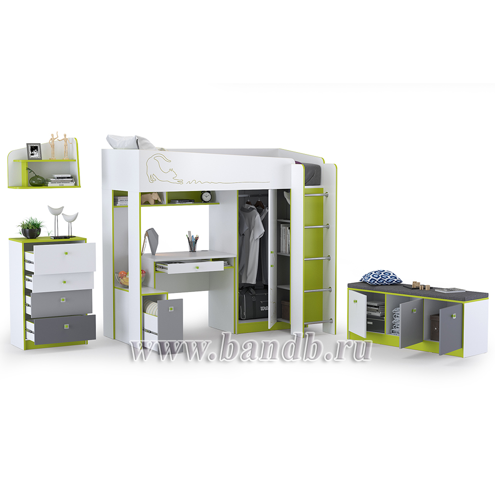 Мебель для детской с кроватью-чердаком со столом Альфа № 3 цвет лайм зелёный/белый премиум/стальной серый/тёмно-серый Картинка № 2