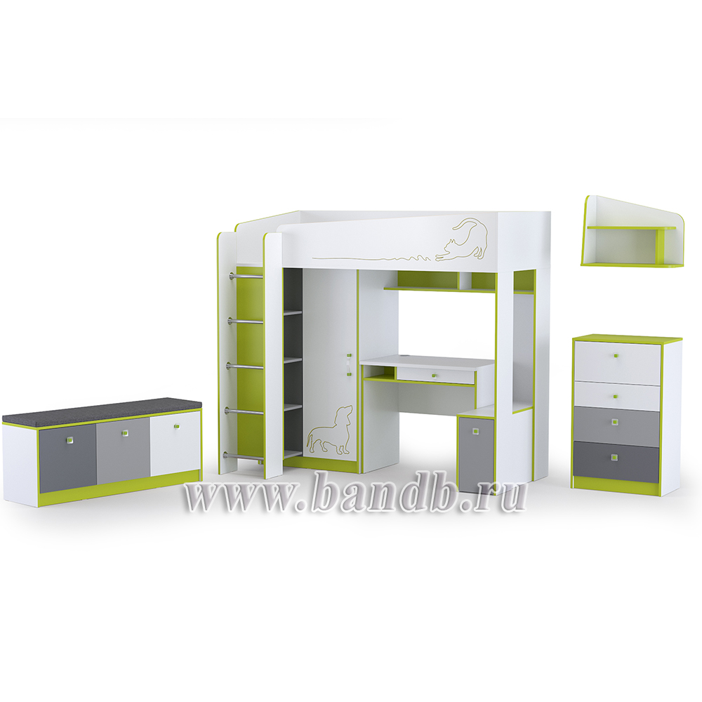 Мебель для детской с кроватью-чердаком со столом Альфа № 3 цвет лайм зелёный/белый премиум/стальной серый/тёмно-серый Картинка № 3