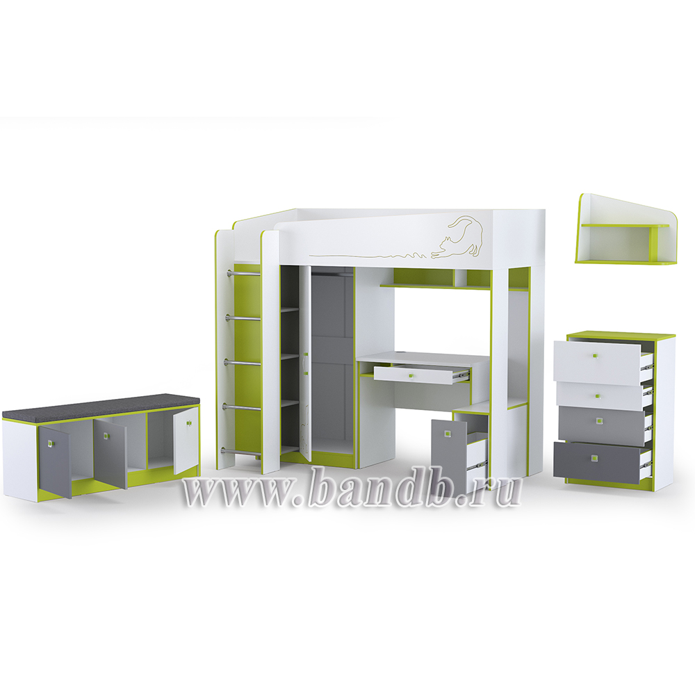 Мебель для детской с кроватью-чердаком со столом Альфа № 3 цвет лайм зелёный/белый премиум/стальной серый/тёмно-серый Картинка № 4
