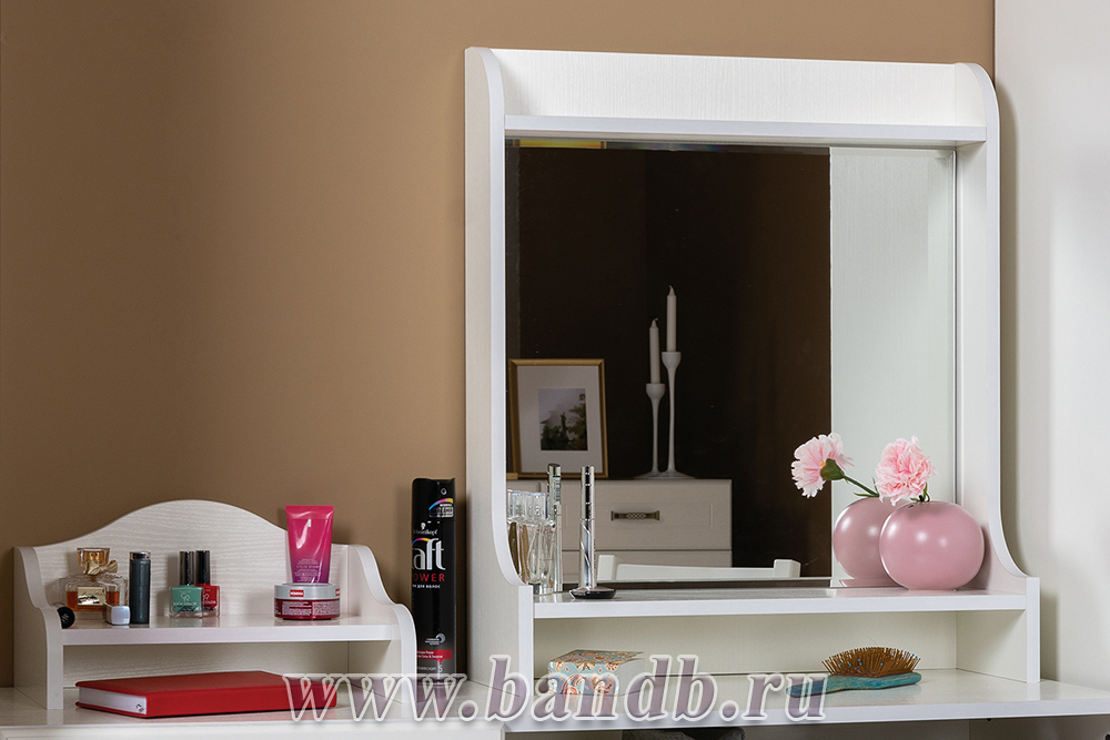 Стол туалетный с пуфом, с зеркалом и настольной полкой Ливерпуль цвет ясень ваниль/белый Картинка № 12