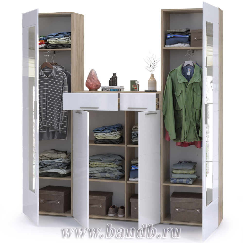 Два шкафа для одежды с комодом Лайн цвет дуб крафт серый/фасады МДФ белый глянец Картинка № 2