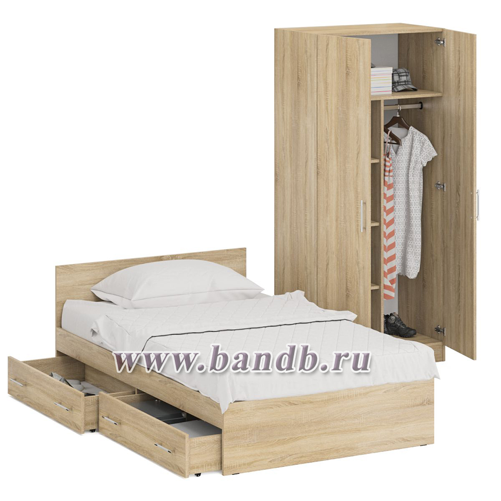 Односпальная кровать с ящиками 1200 со шкафом для одежды 2-х створчатым Стандарт цвет дуб сонома Картинка № 2