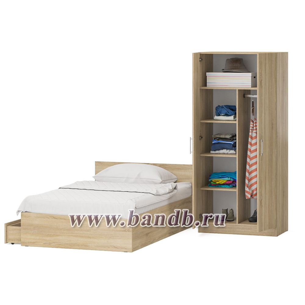 Односпальная кровать с ящиками 1200 со шкафом для одежды 2-х створчатым Стандарт цвет дуб сонома Картинка № 6