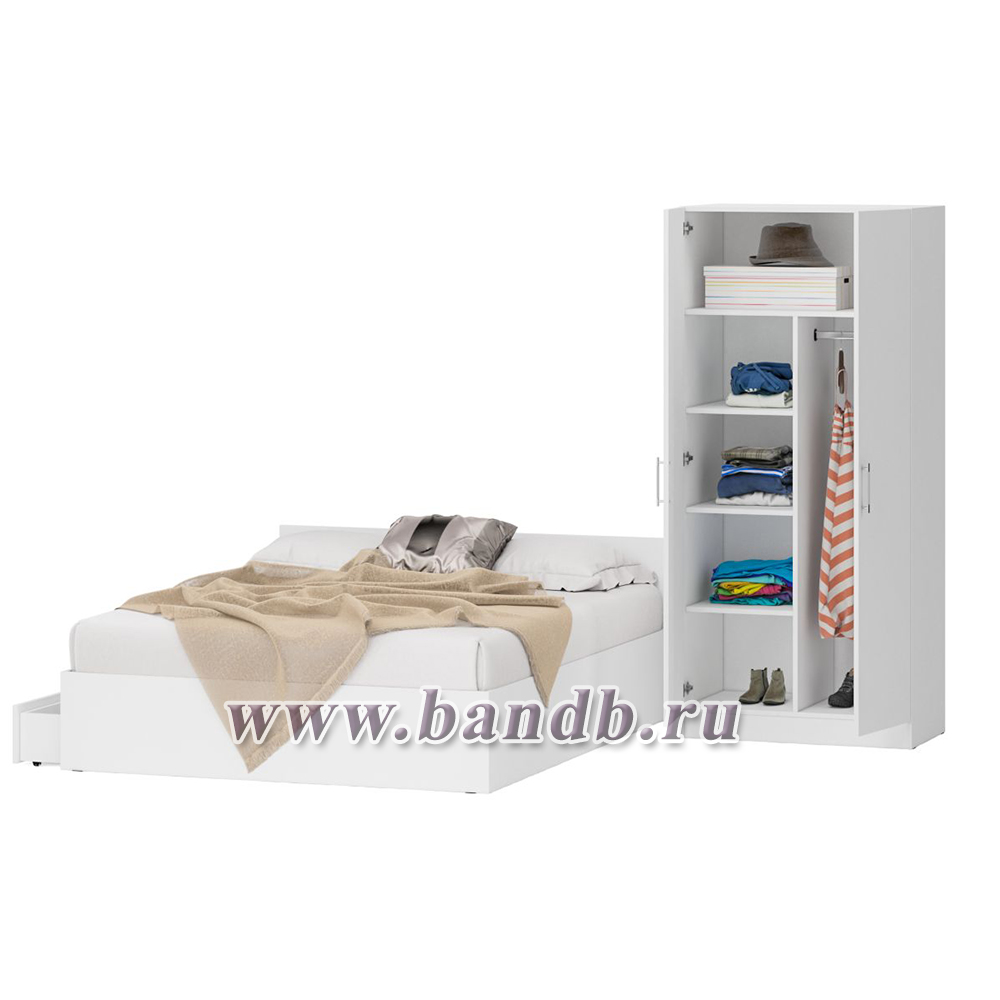 Двуспальная Кровать белая с ящиками 1600 со шкафом для одежды 2-х створчатым Стандарт цвет белый Картинка № 4