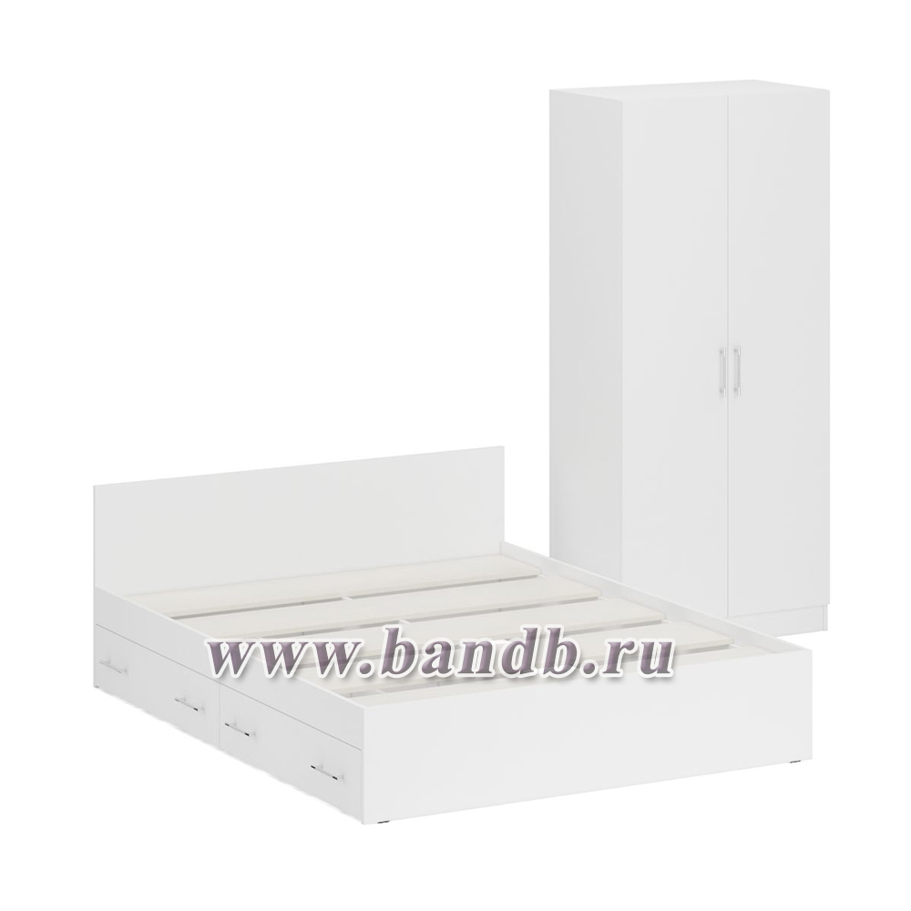 Двуспальная Кровать белая с ящиками 1600 со шкафом для одежды 2-х створчатым Стандарт цвет белый Картинка № 5