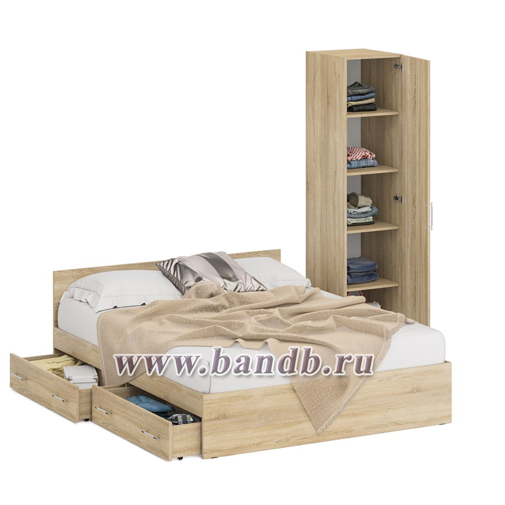 Двуспальная кровать с ящиками 1600 с пеналом Стандарт цвет дуб сонома Картинка № 2