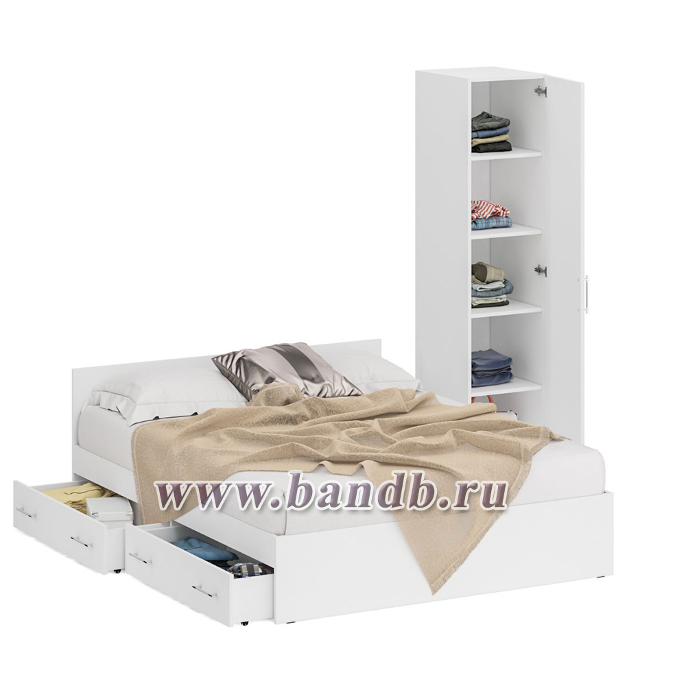 Двуспальная Кровать белая с ящиками 1600 с пеналом Стандарт цвет белый Картинка № 2