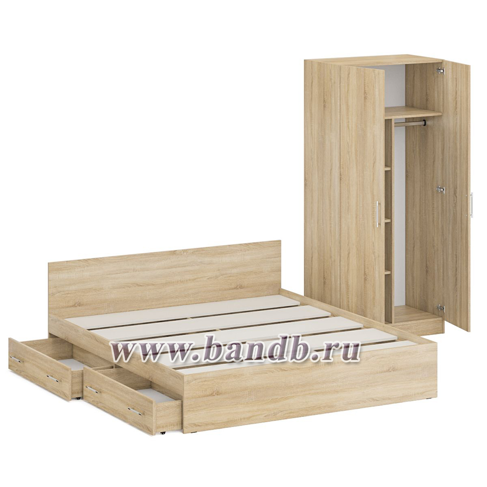 Двуспальная кровать с ящиками 1800 со шкафом для одежды 2-х створчатым Стандарт цвет дуб сонома Картинка № 4