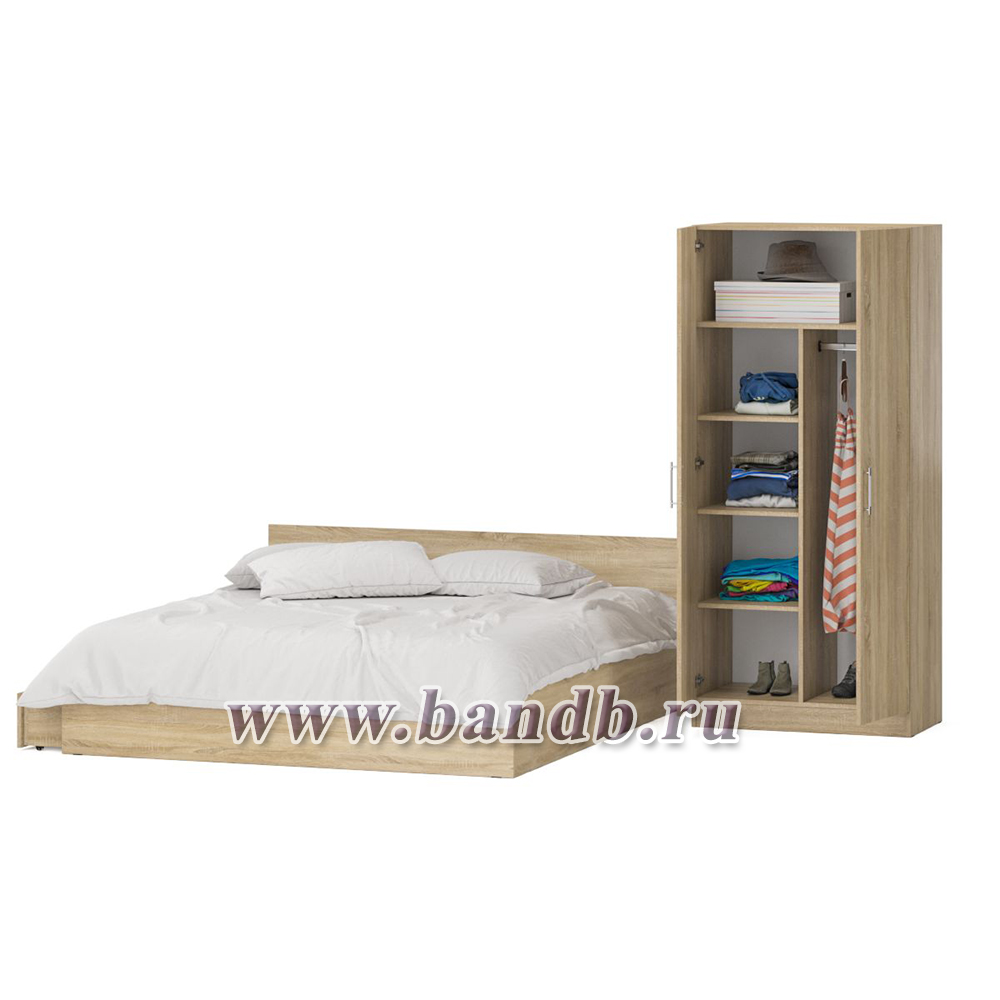 Двуспальная кровать с ящиками 1800 со шкафом для одежды 2-х створчатым Стандарт цвет дуб сонома Картинка № 6