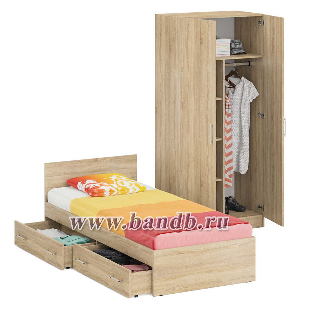 Односпальная кровать с ящиками 900 со шкафом для одежды 2-х створчатым Стандарт цвет дуб сонома Картинка № 2