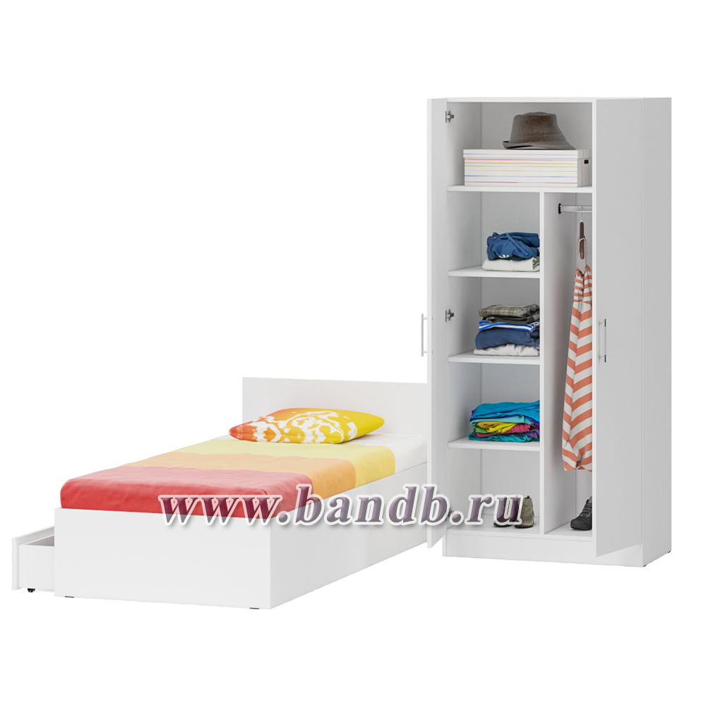 Односпальная Кровать белая с ящиками 900 со шкафом для одежды 2-х створчатым Стандарт цвет белый Картинка № 4