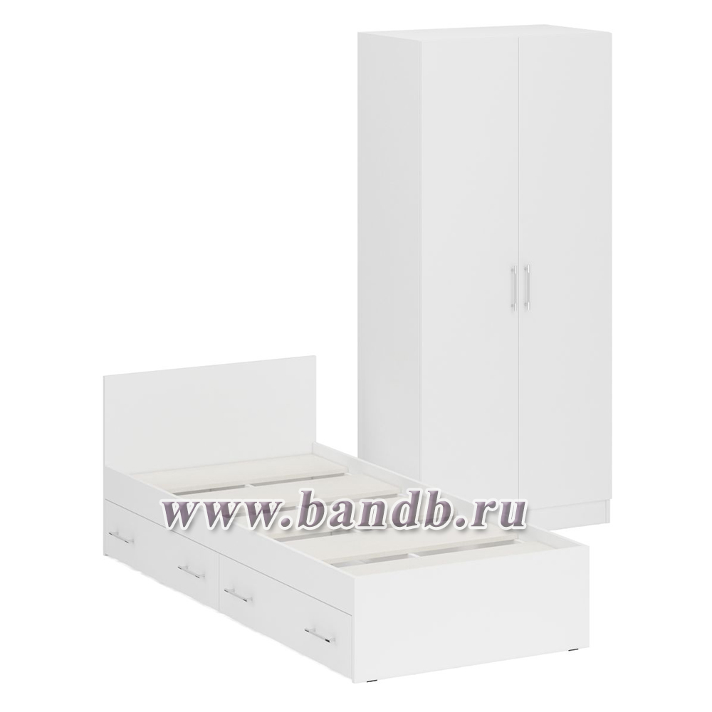 Односпальная Кровать белая с ящиками 900 со шкафом для одежды 2-х створчатым Стандарт цвет белый Картинка № 5