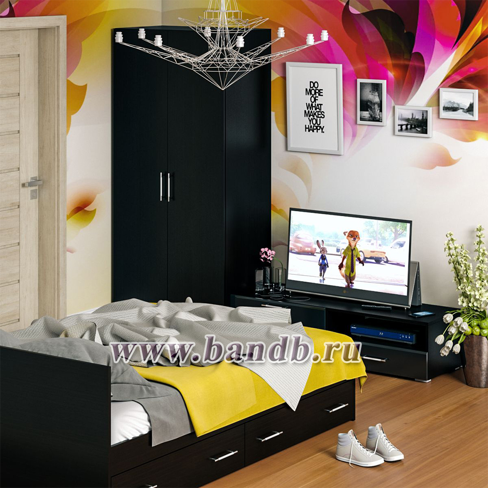 Спальня Стандарт № 3 с кроватью 1400 цвет венге/фасады ТВ тумбы МДФ чёрный глянец Картинка № 5